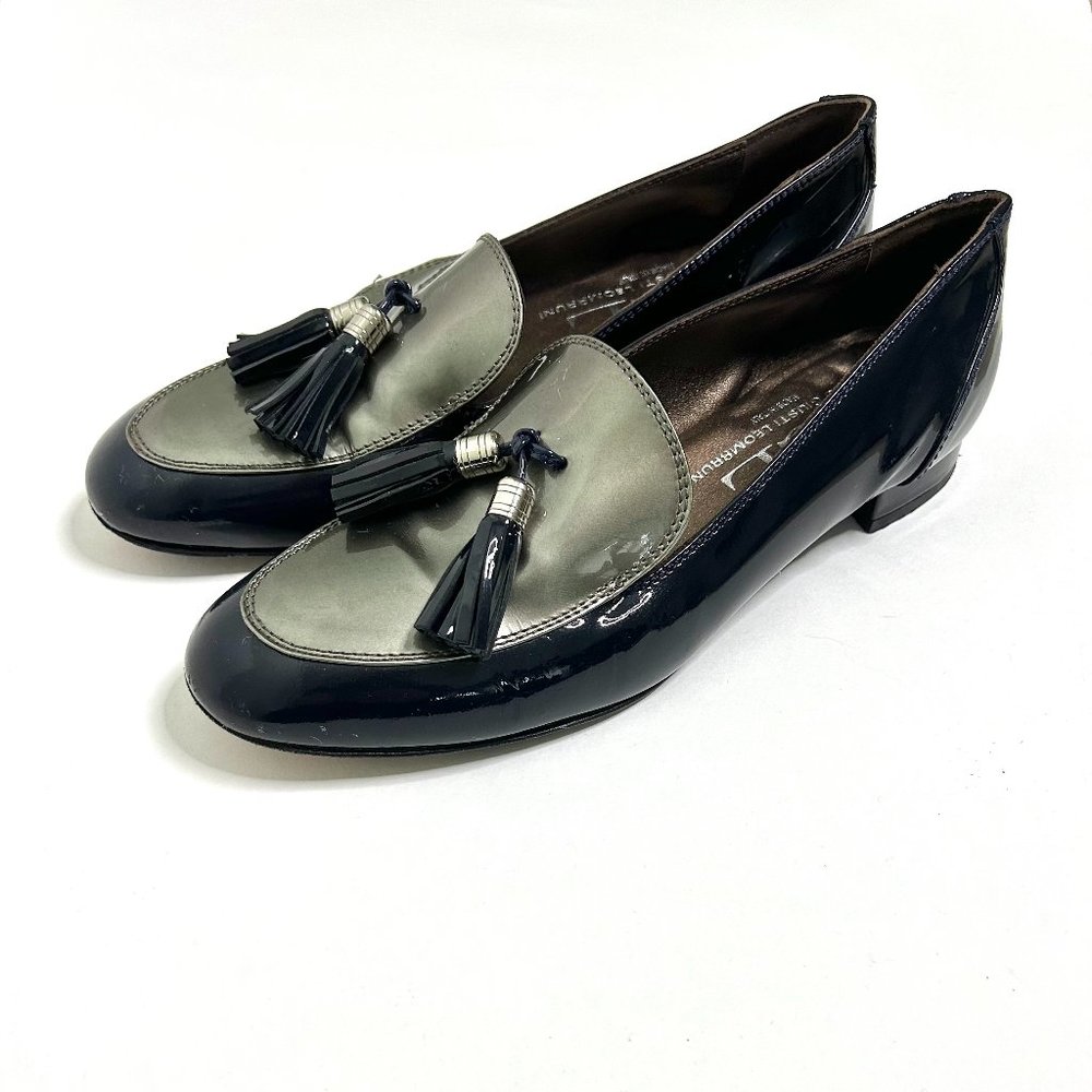 AGL Two-Tone Patent Leather Tassel Loafers in Navy Blue / Silver Pewter 7.5 & 8